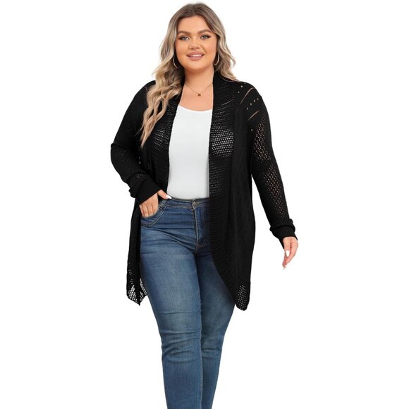 Plus Size Crochet Cardigan Women Lightweight Open Front Knit Casual - Picture 2 of 6